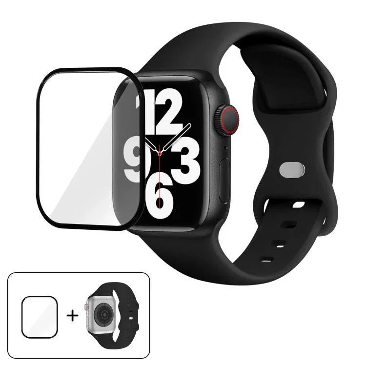 Correia de Relógio em Silicone com Fivela Borboleta e Filme Curvo 3D, Para Apple Watch Series 41mm, Para Apple Watch Series 38mm, Para Apple Watch Series 42mm