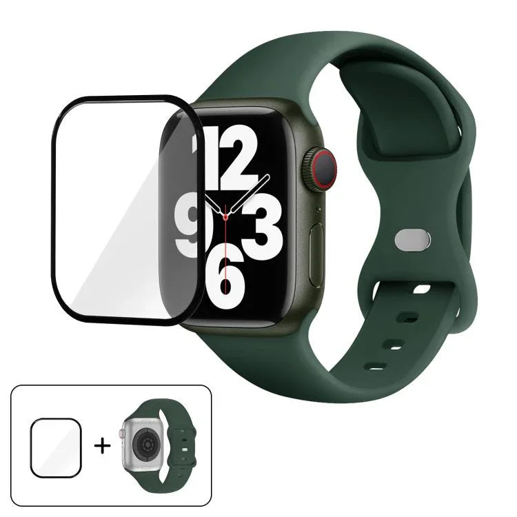 Correia de Relógio em Silicone com Fivela Borboleta e Filme Curvo 3D, Para Apple Watch Series 41mm, Para Apple Watch Series 38mm, Para Apple Watch Series 42mm