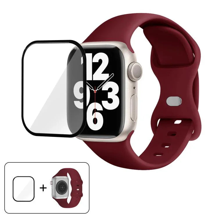 Correia de Relógio em Silicone com Fivela Borboleta e Filme Curvo 3D, Para Apple Watch Series 41mm, Para Apple Watch Series 38mm, Para Apple Watch Series 42mm