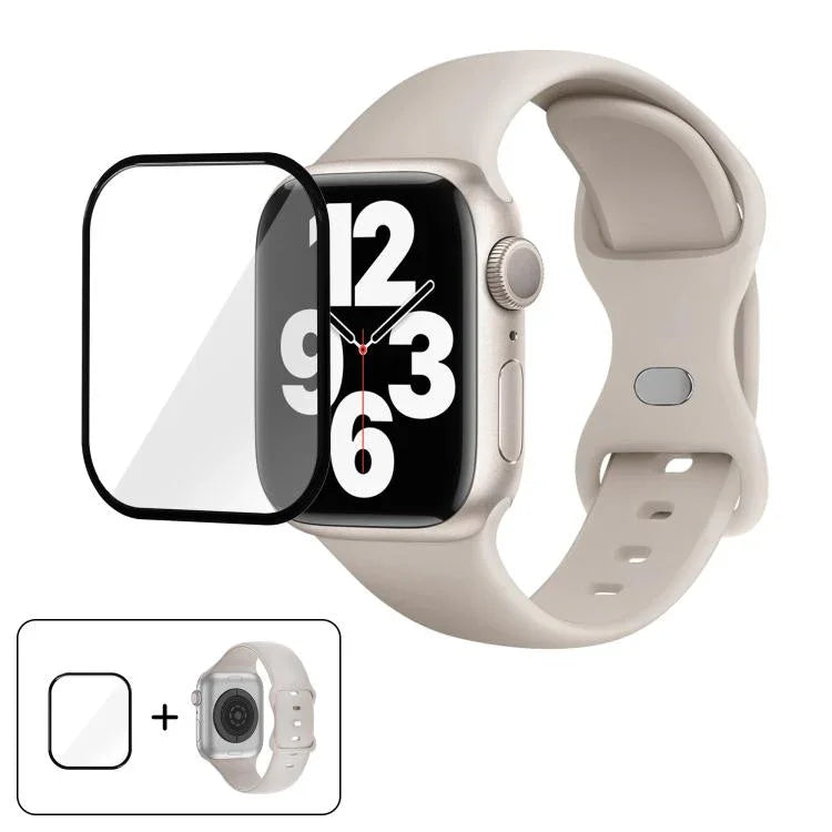 Correia de Relógio em Silicone com Fivela Borboleta e Filme Curvo 3D, Para Apple Watch Series 41mm, Para Apple Watch Series 38mm, Para Apple Watch Series 42mm