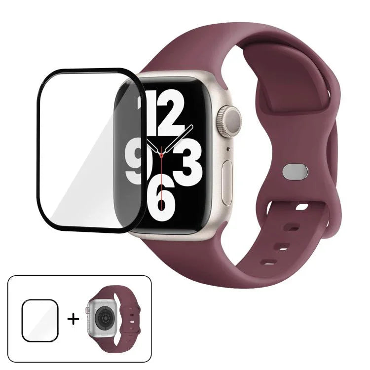 Correia de Relógio em Silicone com Fivela Borboleta e Filme Curvo 3D, Para Apple Watch Series 41mm, Para Apple Watch Series 38mm, Para Apple Watch Series 42mm