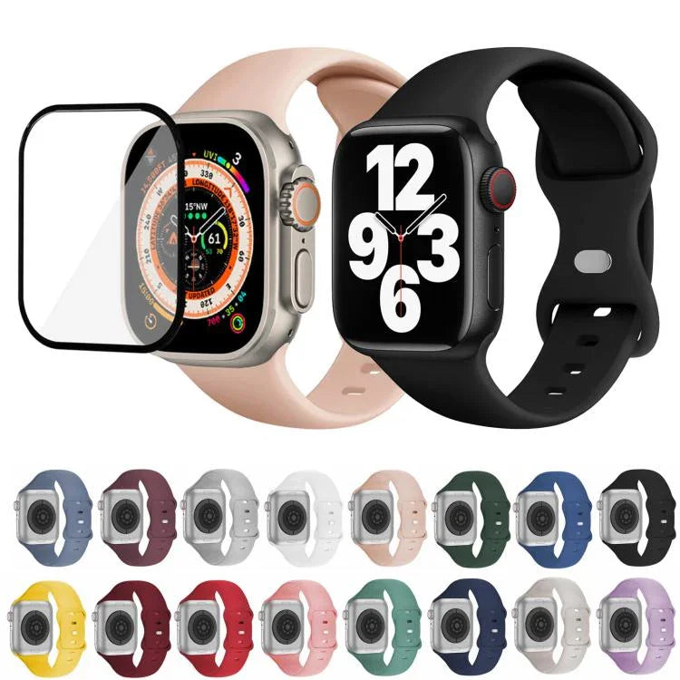 Correia de Relógio em Silicone com Fivela Borboleta e Filme Curvo 3D, Para Apple Watch Series 10 46mm, Para Apple Watch Series 10 42mm, Para Apple Watch Series 44mm