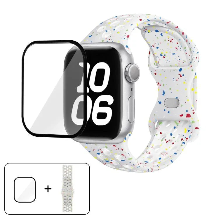 Correia de Relógio em Silicone com Fivela Borboleta e Pontos Coloridos com Filme Curvo 3D, Para Apple Watch Series 42mm