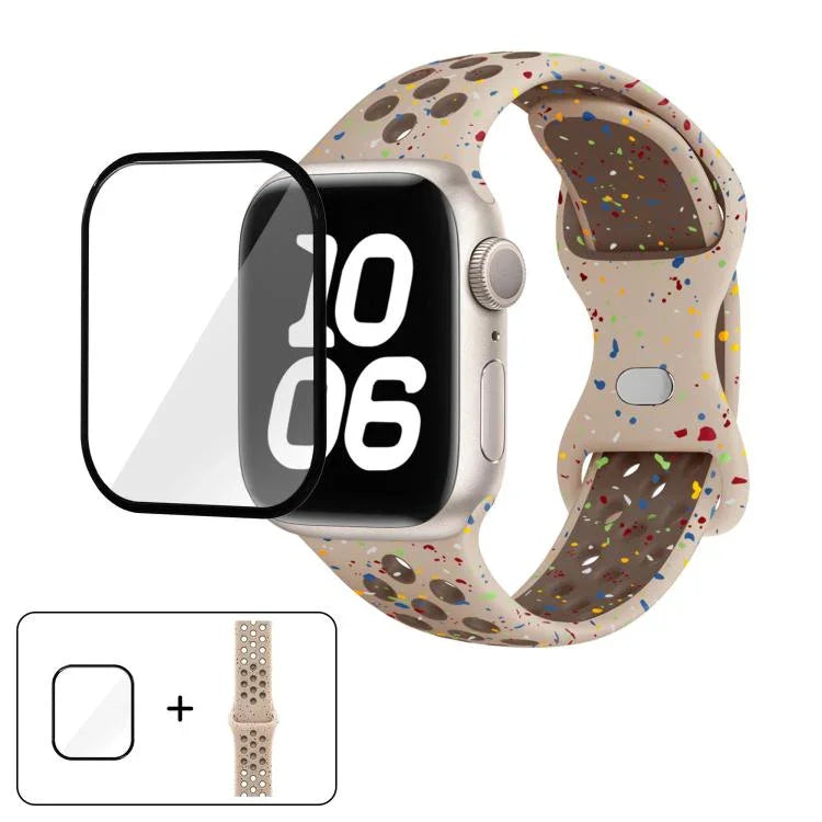 Correia de Relógio em Silicone com Fivela Borboleta e Pontos Coloridos com Filme Curvo 3D, Para Apple Watch Series 42mm