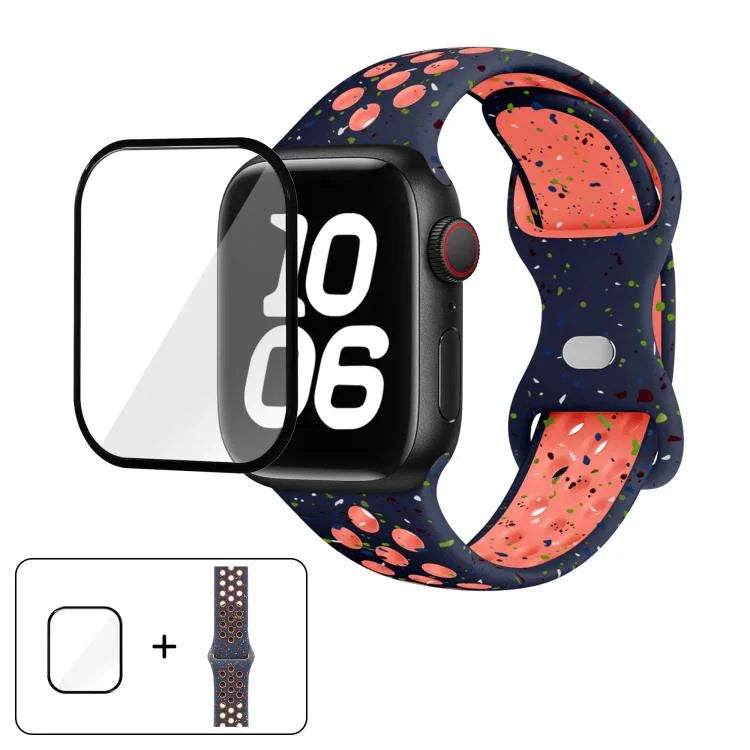 Correia de Relógio em Silicone com Fivela Borboleta e Pontos Coloridos com Filme Curvo 3D, Para Apple Watch Series 42mm