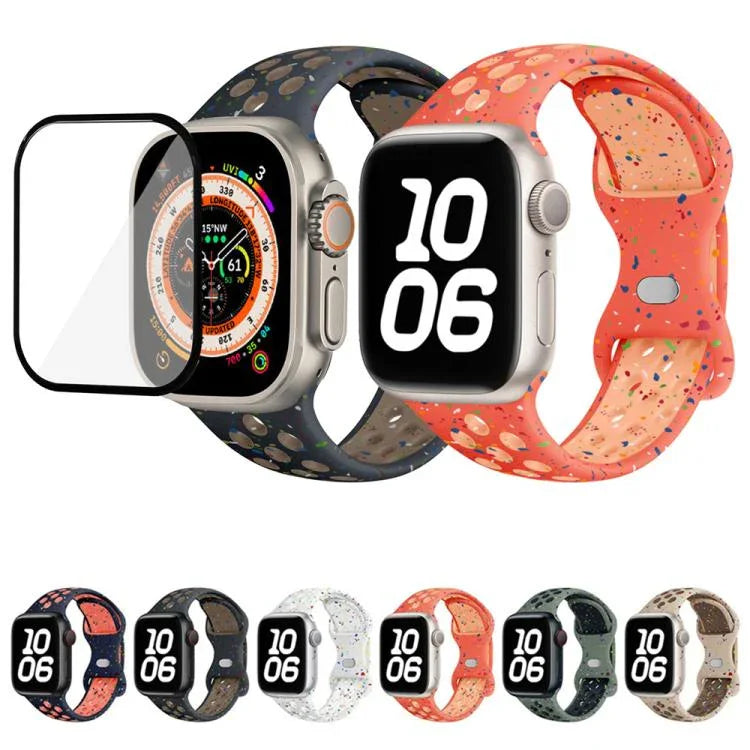 Correia de Relógio em Silicone com Fivela Borboleta e Pontos Coloridos com Filme Curvo 3D, Para Apple Watch Series 42mm