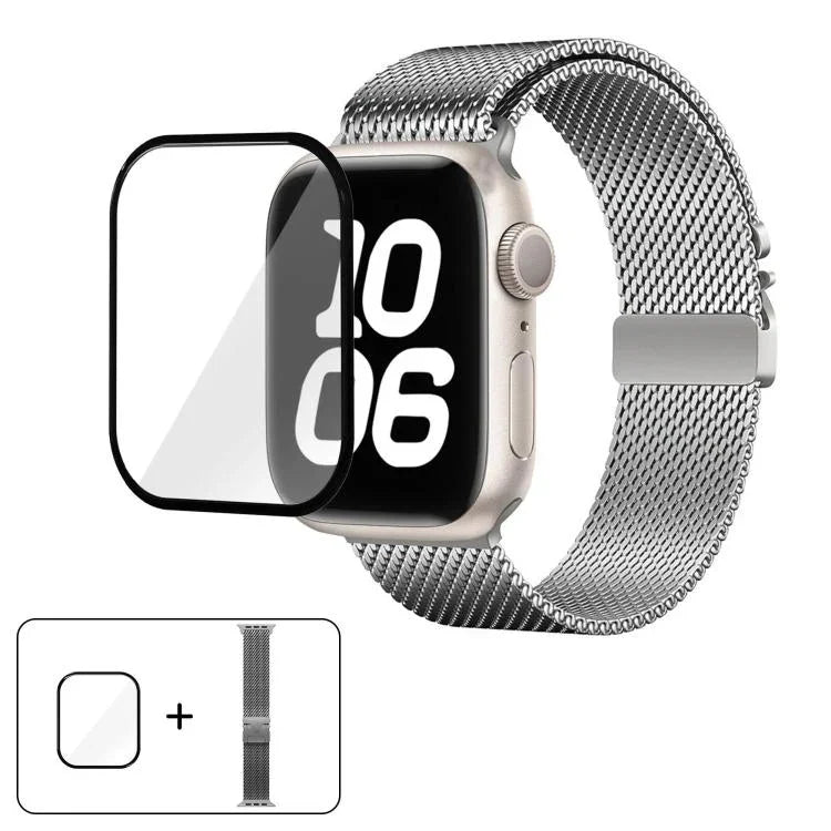 Correia de Relógio Milanesa em Aço Inoxidável com Fivela Umbrella e Filme Curvo 3D, Para Apple Watch Série 10 46mm, Para Apple Watch Série 10 42mm, Para Apple Watch Série 44mm, Para Apple Watch Série 40mm, Para Apple Watch Ultra 2 / 1 49mm