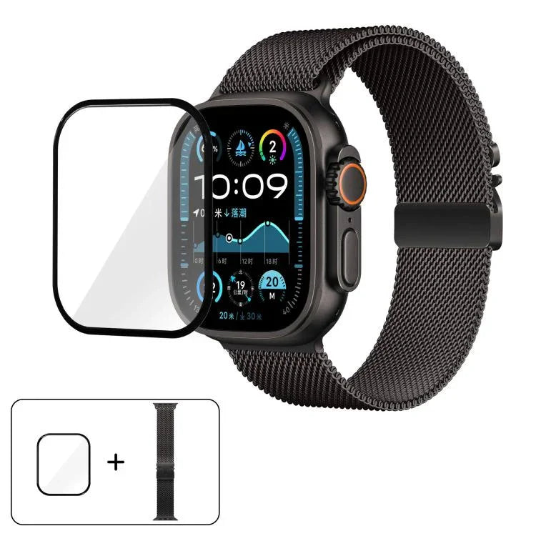 Correia de Relógio Milanesa em Aço Inoxidável com Fivela Umbrella e Filme Curvo 3D, Para Apple Watch Série 10 46mm, Para Apple Watch Série 10 42mm, Para Apple Watch Série 44mm, Para Apple Watch Série 40mm, Para Apple Watch Ultra 2 / 1 49mm