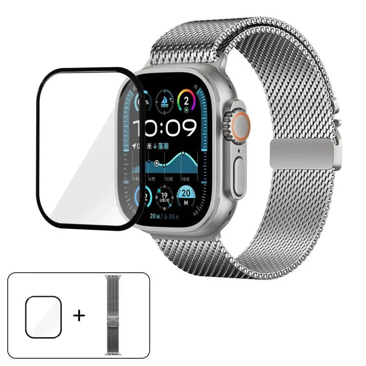 Correia de Relógio Milanesa em Aço Inoxidável com Fivela Umbrella e Filme Curvo 3D, Para Apple Watch Série 10 46mm, Para Apple Watch Série 10 42mm, Para Apple Watch Série 44mm, Para Apple Watch Série 40mm, Para Apple Watch Ultra 2 / 1 49mm