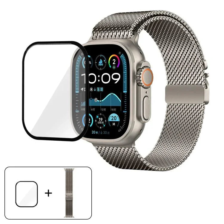 Correia de Relógio Milanesa em Aço Inoxidável com Fivela Umbrella e Filme Curvo 3D, Para Apple Watch Série 10 46mm, Para Apple Watch Série 10 42mm, Para Apple Watch Série 44mm, Para Apple Watch Série 40mm, Para Apple Watch Ultra 2 / 1 49mm