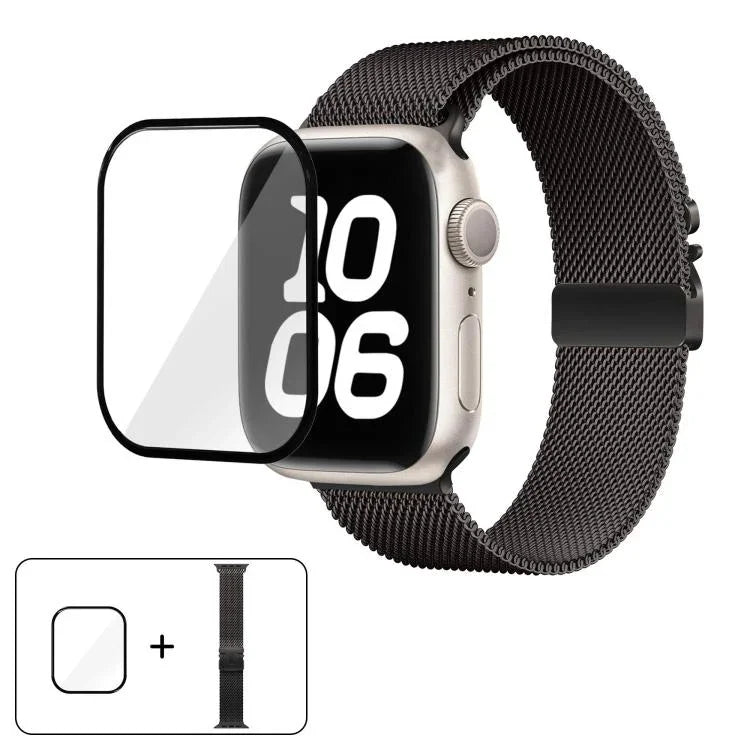 Correia de Relógio Milanesa em Aço Inoxidável com Fivela Umbrella e Filme Curvo 3D, Para Apple Watch Série 10 46mm, Para Apple Watch Série 10 42mm, Para Apple Watch Série 44mm, Para Apple Watch Série 40mm, Para Apple Watch Ultra 2 / 1 49mm