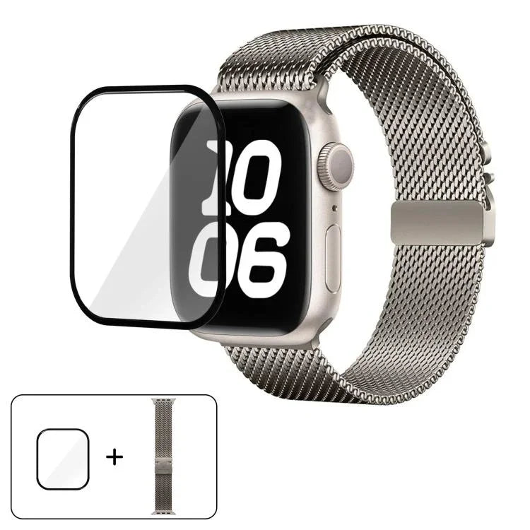 Correia de Relógio Milanesa em Aço Inoxidável com Fivela Umbrella e Filme Curvo 3D, Para Apple Watch Série 10 46mm, Para Apple Watch Série 10 42mm, Para Apple Watch Série 44mm, Para Apple Watch Série 40mm, Para Apple Watch Ultra 2 / 1 49mm