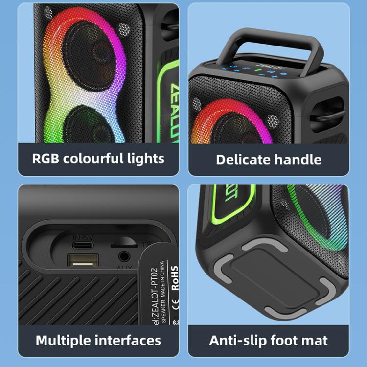 Zealot PT02 Coluna Bluetooth Estéreo RGB Colorida Portátil 60W para Exterior, PT02