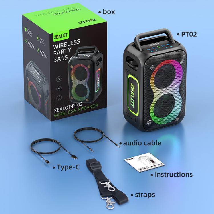 Zealot PT02 Coluna Bluetooth Estéreo RGB Colorida Portátil 60W para Exterior, PT02