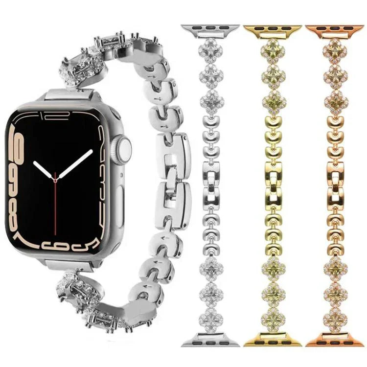 Correia de Relógio em Metal com Diamantes e Trevo de Quatro Folhas xDfind, Para Apple Watch 42 / 44 / 45 / 46 / 49mm, Para Apple Watch 38 / 40 / 41 / S10 42mm