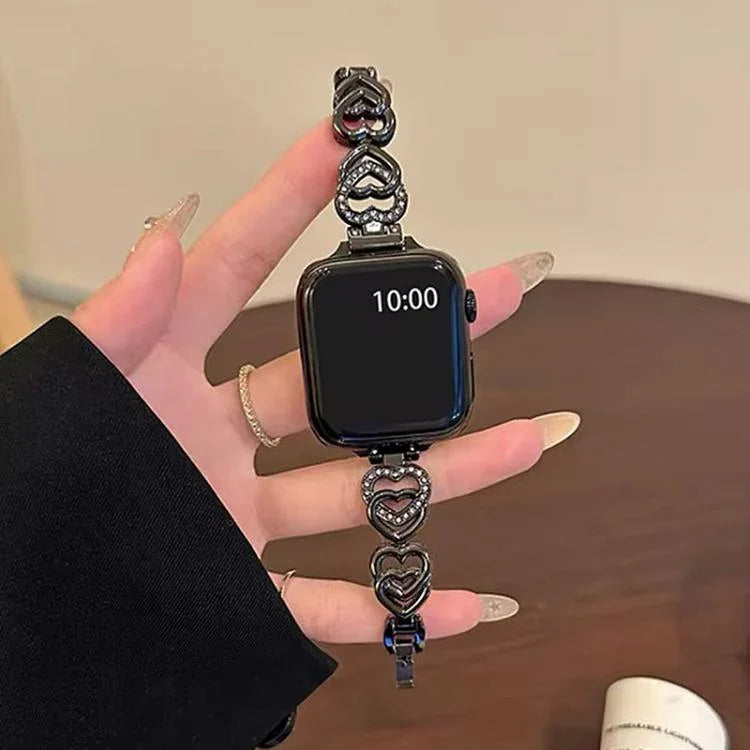 Correia de Relógio em Metal com Diamantes e Coração Duplo xDfind, Para Apple Watch 42 / 44 / 45 / 46 / 49mm, Para Apple Watch 38 / 40 / 41 / S10 42mm