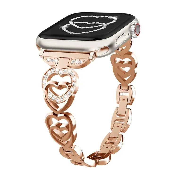 Correia de Relógio em Metal com Diamantes e Coração Duplo xDfind, Para Apple Watch 42 / 44 / 45 / 46 / 49mm, Para Apple Watch 38 / 40 / 41 / S10 42mm