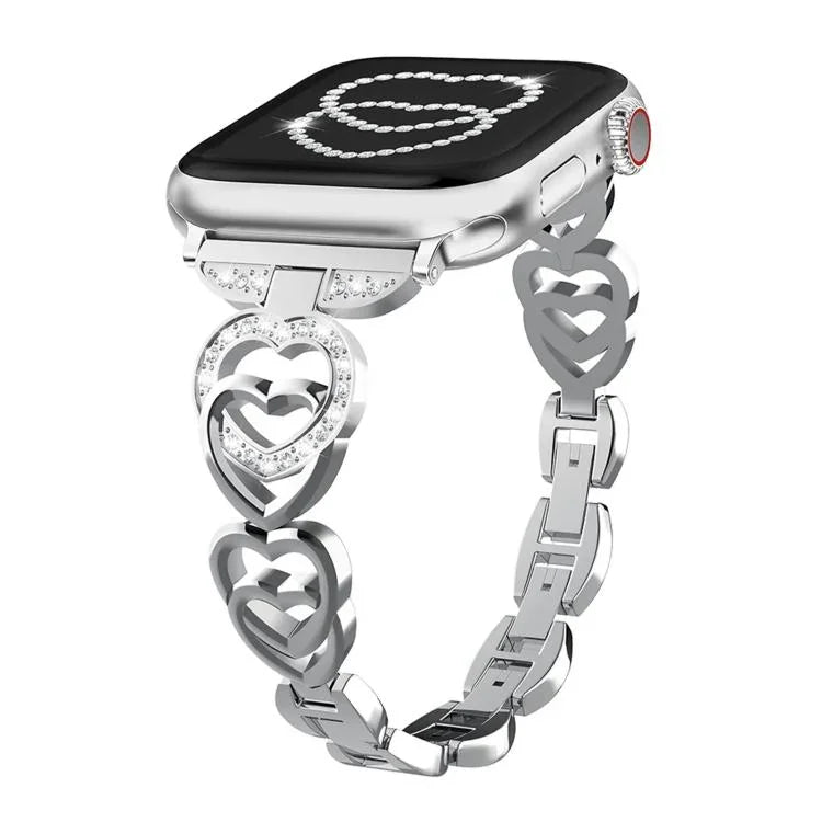 Correia de Relógio em Metal com Diamantes e Coração Duplo xDfind, Para Apple Watch 42 / 44 / 45 / 46 / 49mm, Para Apple Watch 38 / 40 / 41 / S10 42mm