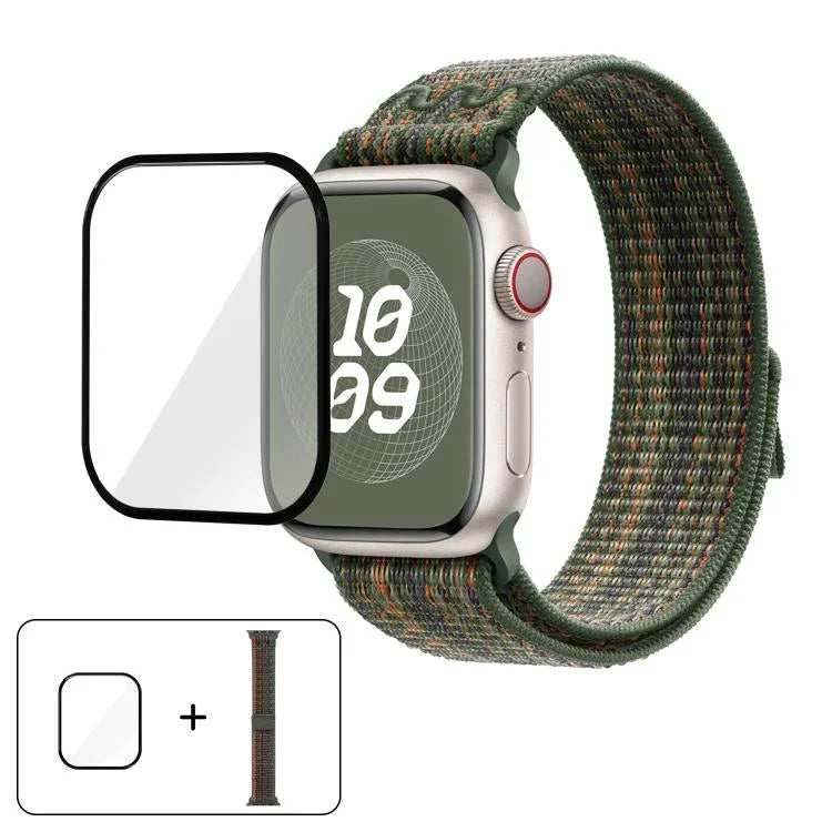 Correia de Relógio em Nylon com Laço e Filme Curvo 3D, Para Apple Watch Série 10 46mm, Para Apple Watch Série 10 42mm, Para Apple Watch Série 44mm