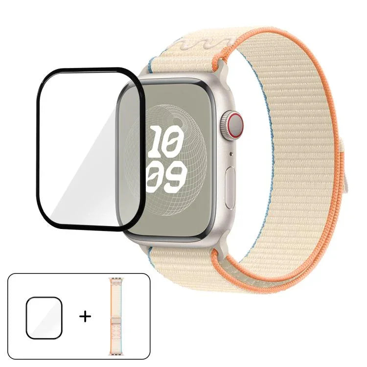 Correia de Relógio em Nylon com Laço e Filme Curvo 3D, Para Apple Watch Série 41mm, Para Apple Watch Série 38mm, Para Apple Watch Série 42mm