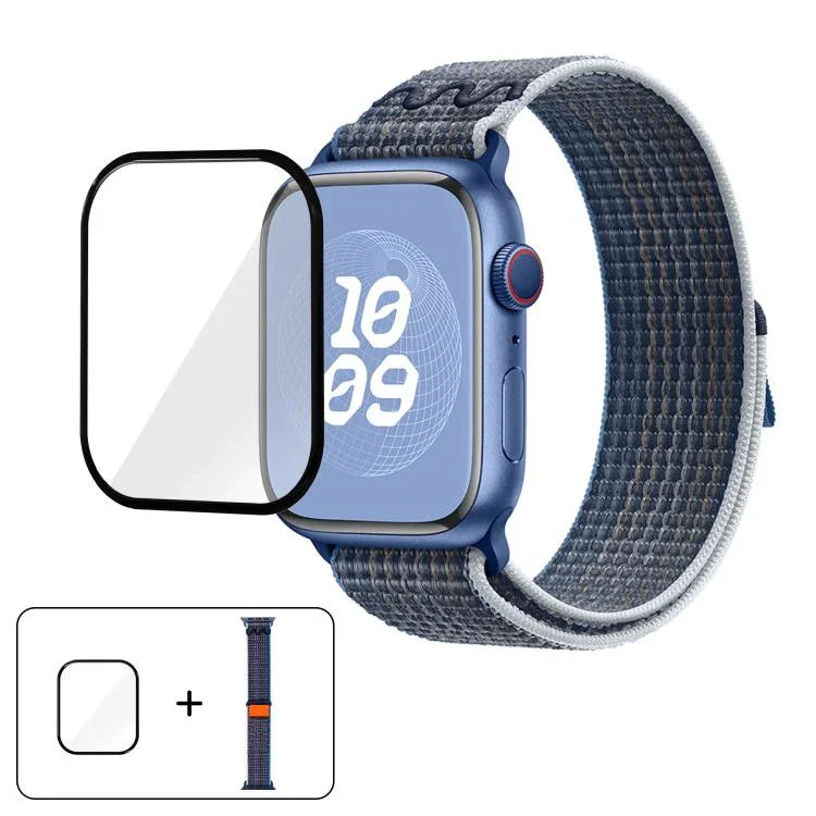 Correia de Relógio em Nylon com Laço e Filme Curvo 3D, Para Apple Watch Série 41mm, Para Apple Watch Série 38mm, Para Apple Watch Série 42mm