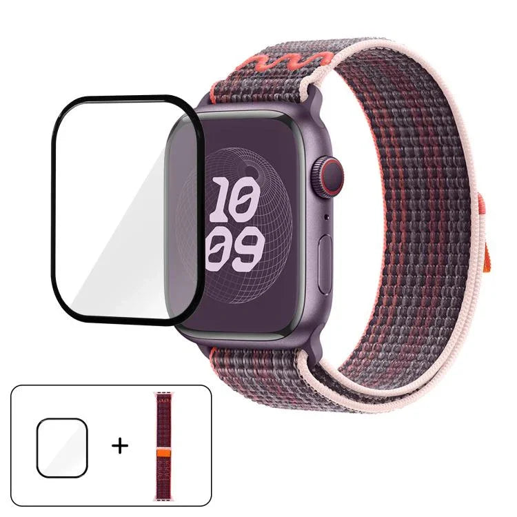 Correia de Relógio em Nylon com Laço e Filme Curvo 3D, Para Apple Watch Série 41mm, Para Apple Watch Série 38mm, Para Apple Watch Série 42mm