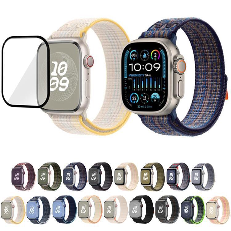 Correia de Relógio em Nylon com Laço e Filme Curvo 3D, Para Apple Watch Série 10 46mm, Para Apple Watch Série 10 42mm, Para Apple Watch Série 44mm