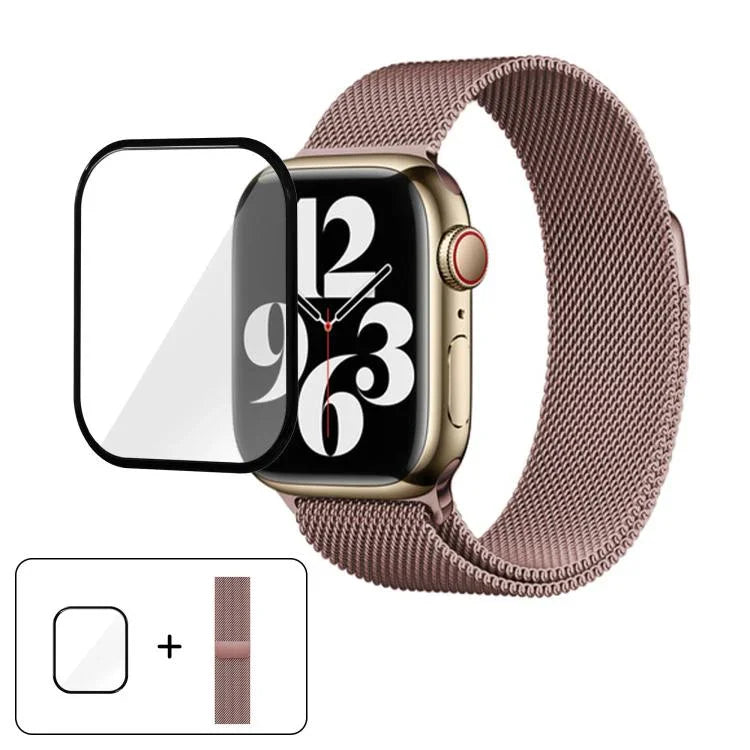 Correia de Relógio Milanesa em Aço Inoxidável com Filme Curvo 3D, Para Apple Watch Série 10 46mm, Para Apple Watch Série 10 42mm, Para Apple Watch Série 44mm