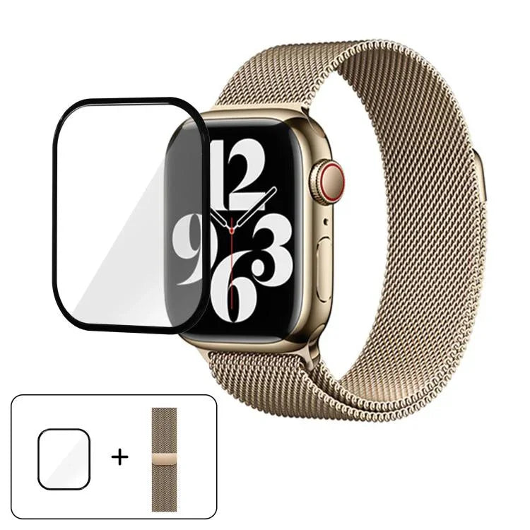 Correia de Relógio Milanesa em Aço Inoxidável com Filme Curvo 3D, Para Apple Watch Série 10 46mm, Para Apple Watch Série 10 42mm, Para Apple Watch Série 44mm