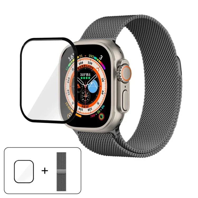 Bracelete Milanesa em Aço Inoxidável com Filme Curvo 3D, Para Apple Watch Series 40mm, Para Apple Watch Ultra 2 / 1 49mm, Para Apple Watch Series 45mm