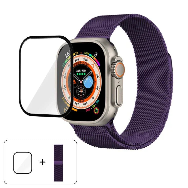 Bracelete Milanesa em Aço Inoxidável com Filme Curvo 3D, Para Apple Watch Series 40mm, Para Apple Watch Ultra 2 / 1 49mm, Para Apple Watch Series 45mm