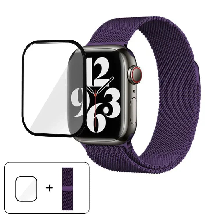 Bracelete Milanesa em Aço Inoxidável com Filme Curvo 3D, Para Apple Watch Series 41mm, Para Apple Watch Series 38mm, Para Apple Watch Series 42mm