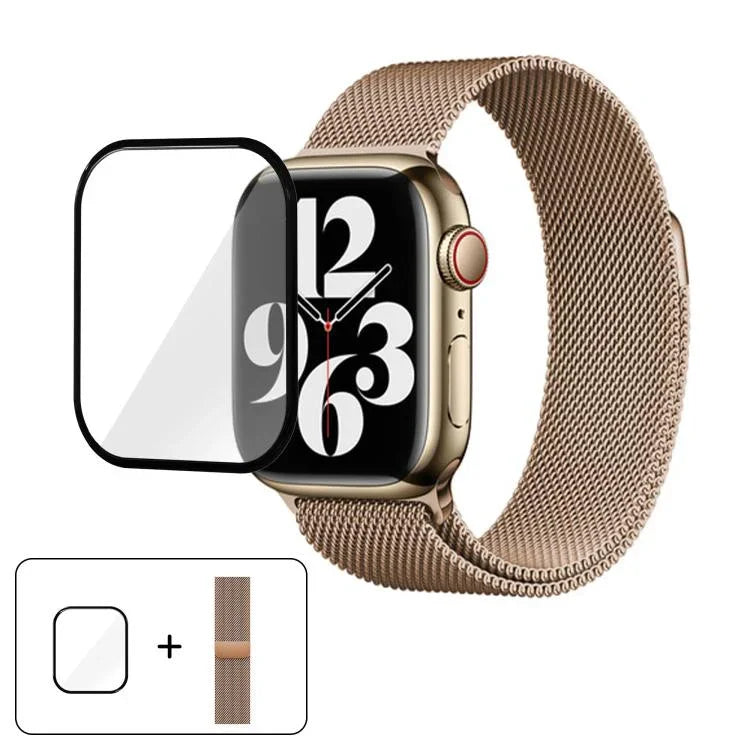 Bracelete Milanesa em Aço Inoxidável com Filme Curvo 3D, Para Apple Watch Series 41mm, Para Apple Watch Series 38mm, Para Apple Watch Series 42mm