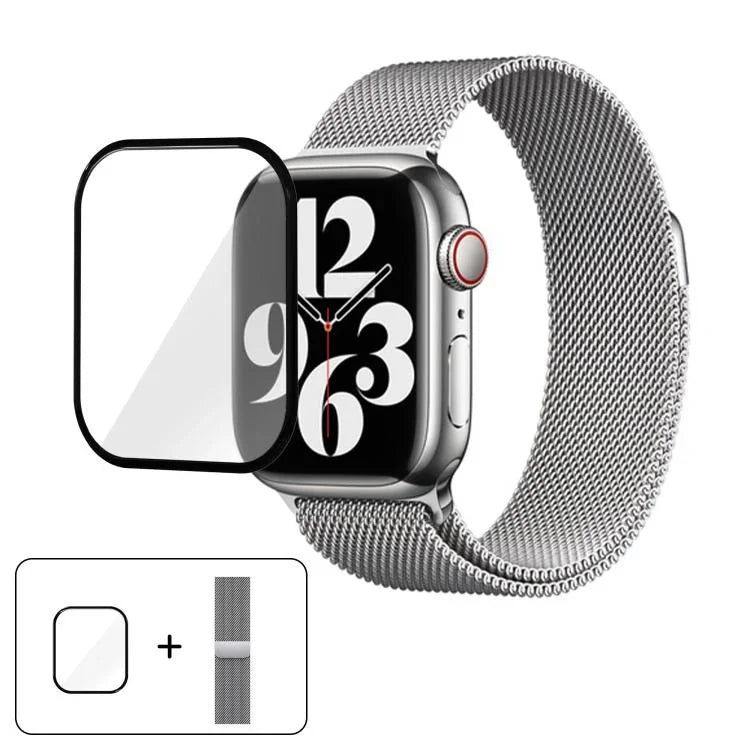 Bracelete Milanesa em Aço Inoxidável com Filme Curvo 3D, Para Apple Watch Series 41mm, Para Apple Watch Series 38mm, Para Apple Watch Series 42mm