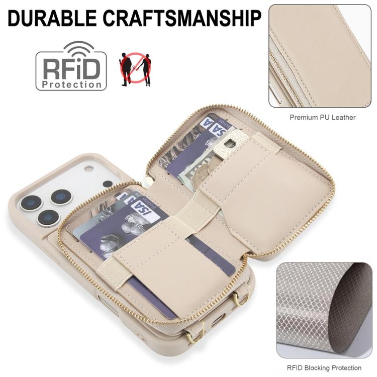 Capa para telemóvel com bolsa para cartões RFID com fecho de correr e tira transversal, Para iPhone 17 Pro Max, Para iPhone 17 Pro, Para iPhone Air, Para iPhone 15 Pro Max, Para iPhone 15 Pro, Para iPhone 15 Plus / 14 Plus
