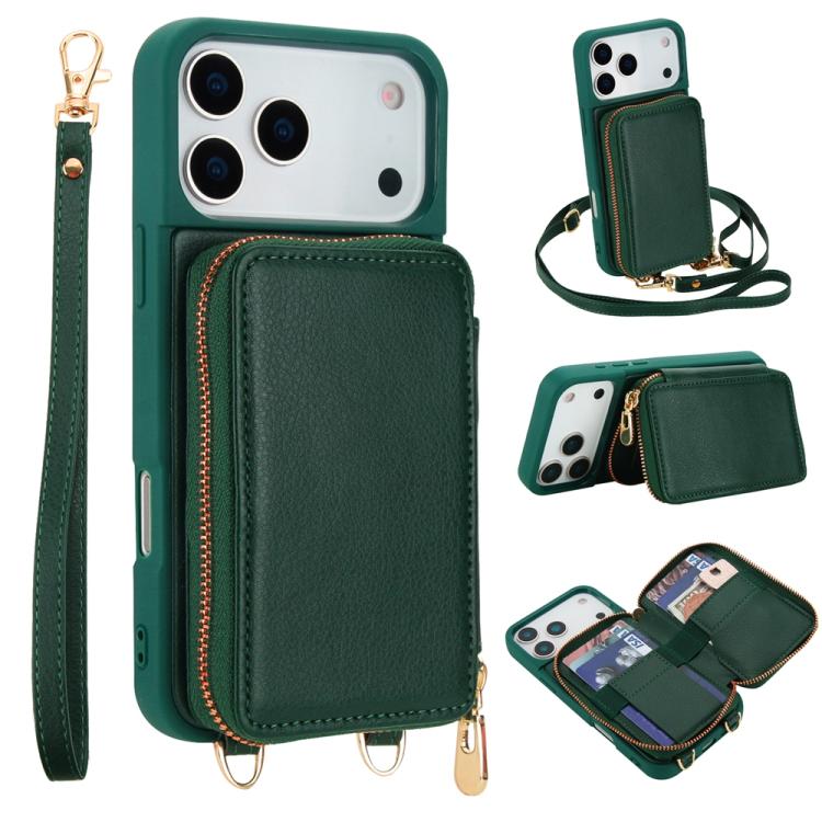 Capa para telemóvel com bolsa para cartões RFID com fecho de correr e tira transversal, Para iPhone 17 Pro Max, Para iPhone 17 Pro, Para iPhone Air, Para iPhone 15 Pro Max, Para iPhone 15 Pro, Para iPhone 15 Plus / 14 Plus