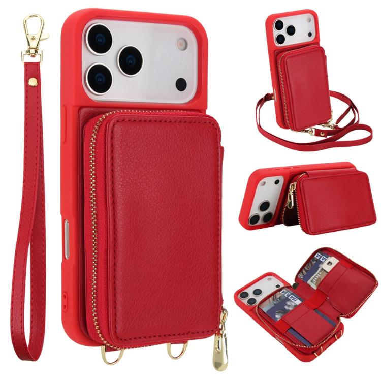 Capa para telemóvel com bolsa para cartões RFID com fecho de correr e tira transversal, Para iPhone 17 Pro Max, Para iPhone 17 Pro, Para iPhone Air, Para iPhone 15 Pro Max, Para iPhone 15 Pro, Para iPhone 15 Plus / 14 Plus
