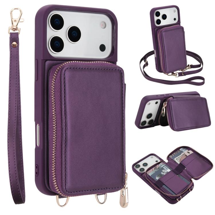 Capa para telemóvel com bolsa para cartões RFID com fecho de correr e tira transversal, Para iPhone 17 Pro Max, Para iPhone 17 Pro, Para iPhone Air, Para iPhone 15 Pro Max, Para iPhone 15 Pro, Para iPhone 15 Plus / 14 Plus