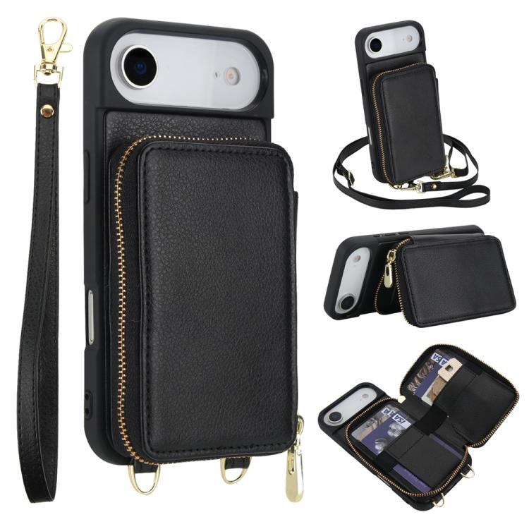 Capa para telemóvel com bolsa para cartões RFID com fecho de correr e tira transversal, Para iPhone 17 Pro Max, Para iPhone 17 Pro, Para iPhone Air, Para iPhone 15 Pro Max, Para iPhone 15 Pro, Para iPhone 15 Plus / 14 Plus