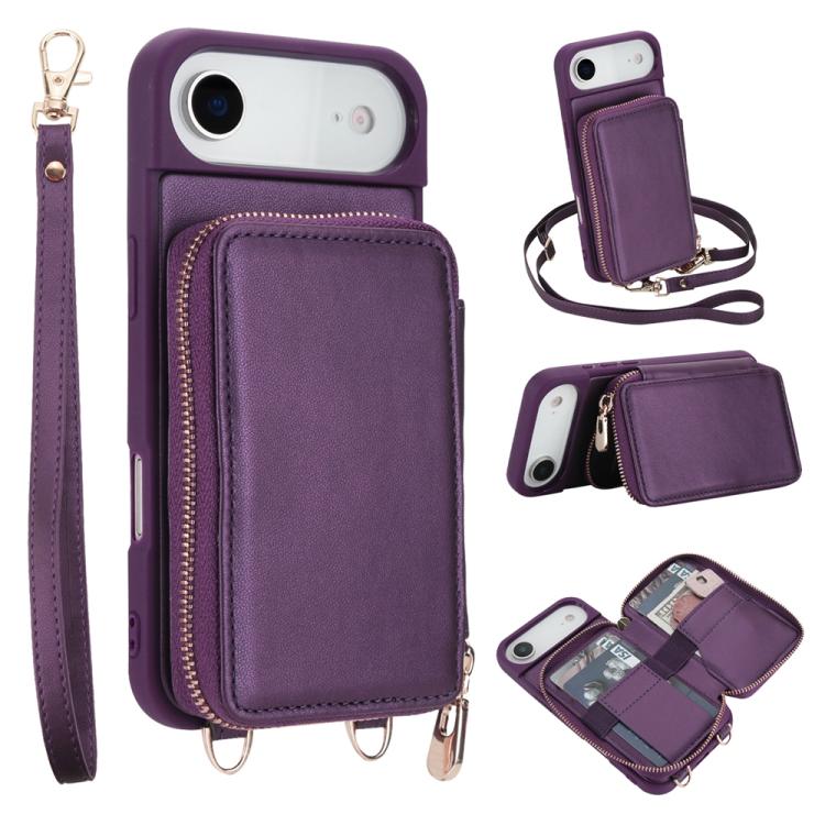 Capa para telemóvel com bolsa para cartões RFID com fecho de correr e tira transversal, Para iPhone 17 Pro Max, Para iPhone 17 Pro, Para iPhone Air, Para iPhone 15 Pro Max, Para iPhone 15 Pro, Para iPhone 15 Plus / 14 Plus