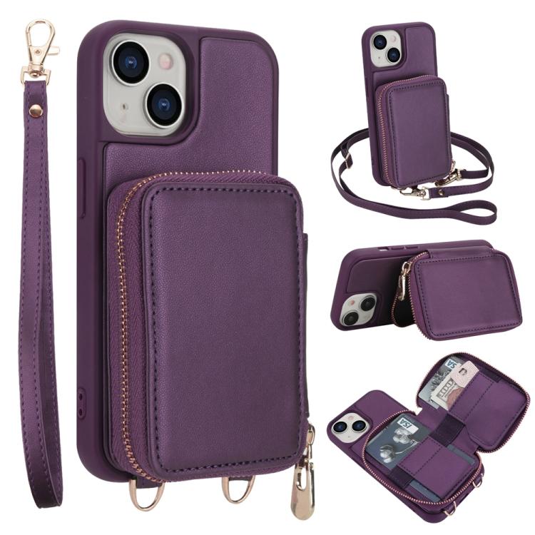 Capa para telemóvel com bolsa para cartões RFID com fecho de correr e tira transversal, Para iPhone 17 Pro Max, Para iPhone 17 Pro, Para iPhone Air, Para iPhone 15 Pro Max, Para iPhone 15 Pro, Para iPhone 15 Plus / 14 Plus