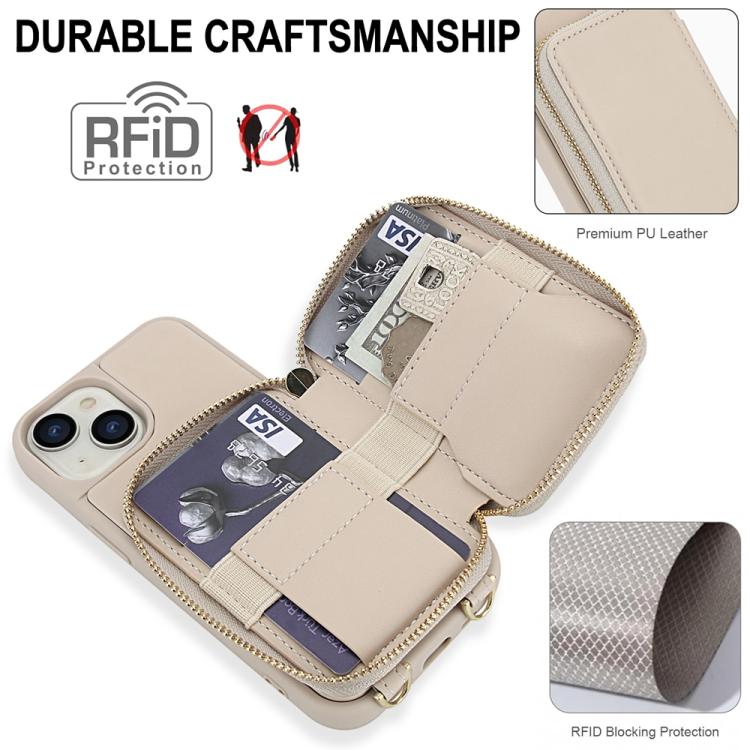Capa para telemóvel com bolsa para cartões RFID com fecho de correr e tira transversal, Para iPhone 15, Para iPhone 14 / 13, Para iPhone 14 Pro, Para iPhone 14 Pro Max, Para iPhone 13 Pro Max, Para iPhone 13 Pro