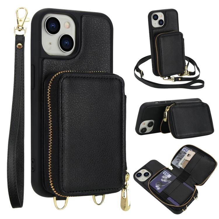 Capa para telemóvel com bolsa para cartões RFID com fecho de correr e tira transversal, Para iPhone 15, Para iPhone 14 / 13, Para iPhone 14 Pro, Para iPhone 14 Pro Max, Para iPhone 13 Pro Max, Para iPhone 13 Pro