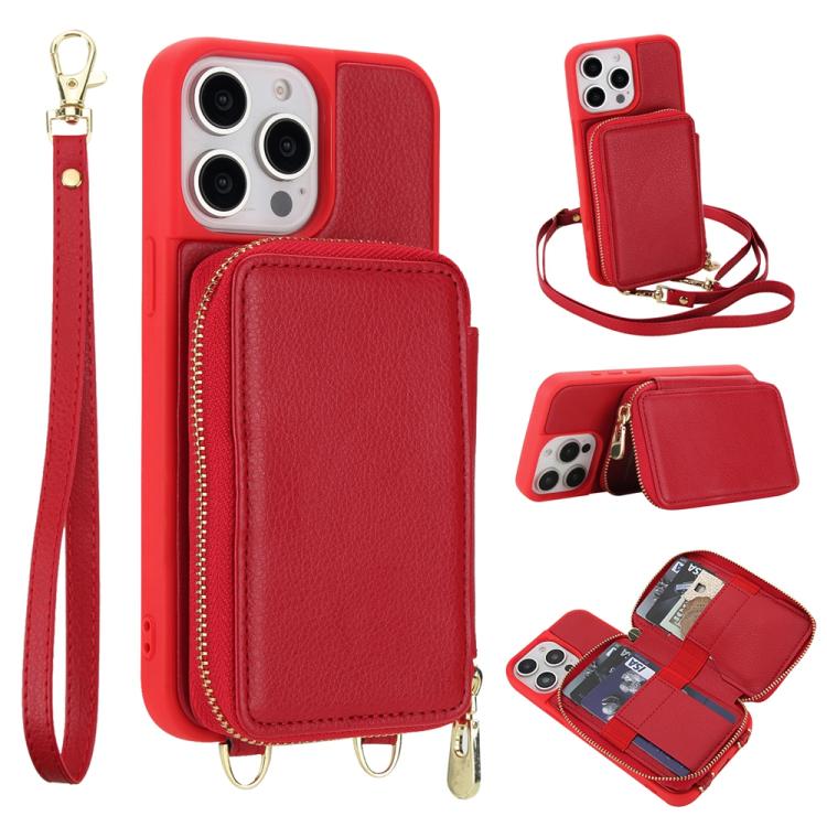 Capa para telemóvel com bolsa para cartões RFID com fecho de correr e tira transversal, Para iPhone 15, Para iPhone 14 / 13, Para iPhone 14 Pro, Para iPhone 14 Pro Max, Para iPhone 13 Pro Max, Para iPhone 13 Pro