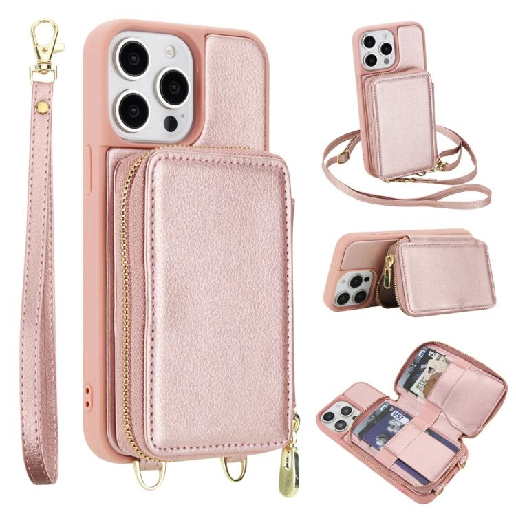 Capa para telemóvel com bolsa para cartões RFID com fecho de correr e tira transversal, Para iPhone 15, Para iPhone 14 / 13, Para iPhone 14 Pro, Para iPhone 14 Pro Max, Para iPhone 13 Pro Max, Para iPhone 13 Pro