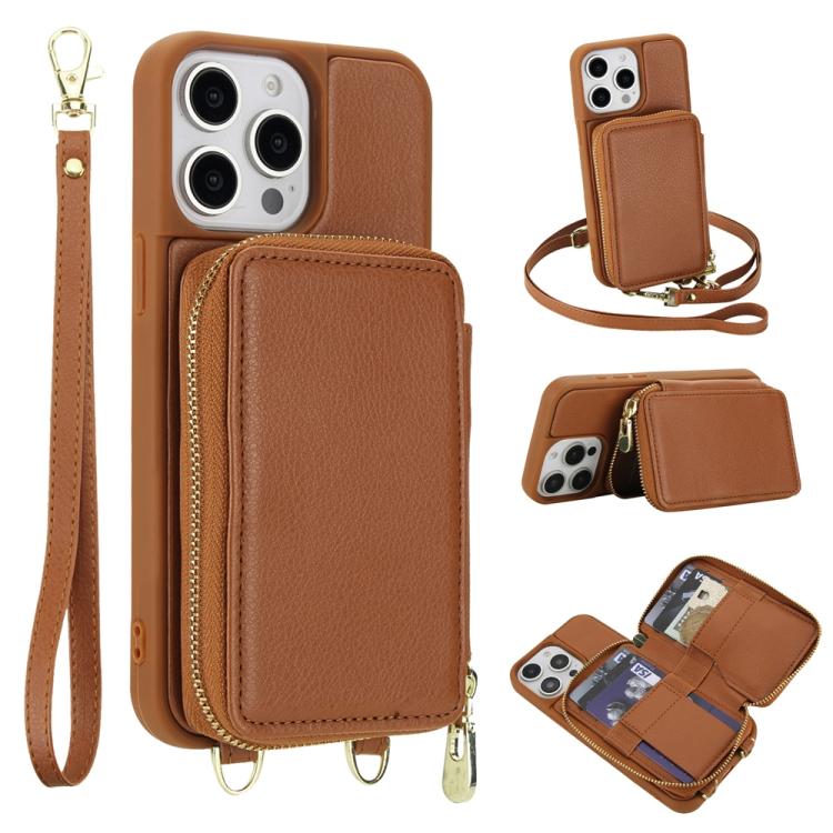 Capa para telemóvel com bolsa para cartões RFID com fecho de correr e tira transversal, Para iPhone 15, Para iPhone 14 / 13, Para iPhone 14 Pro, Para iPhone 14 Pro Max, Para iPhone 13 Pro Max, Para iPhone 13 Pro