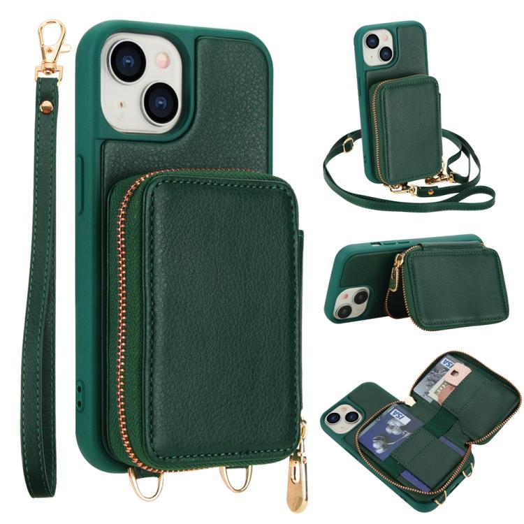 Capa para telemóvel com bolsa para cartões RFID com fecho de correr e tira transversal, Para iPhone 15, Para iPhone 14 / 13, Para iPhone 14 Pro, Para iPhone 14 Pro Max, Para iPhone 13 Pro Max, Para iPhone 13 Pro