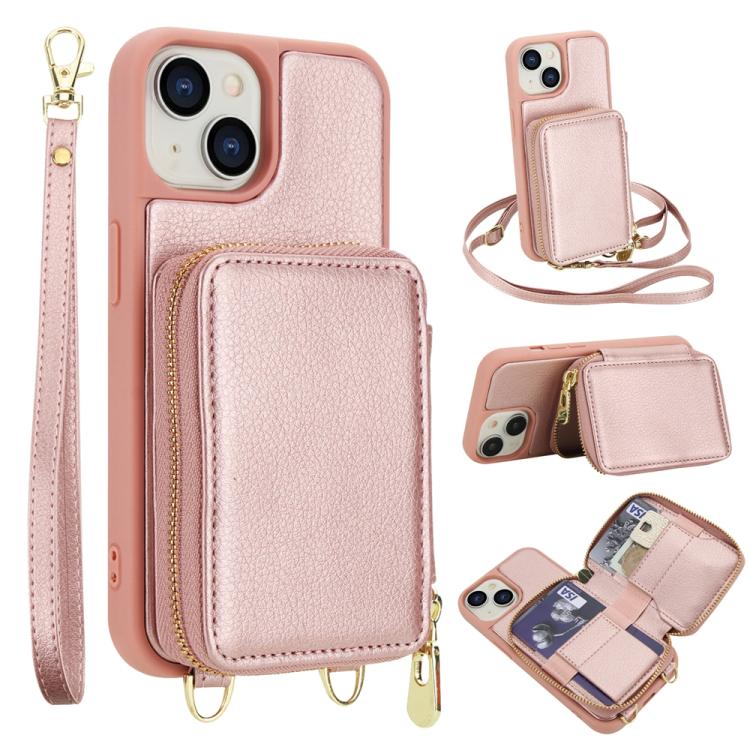 Capa para telemóvel com bolsa para cartões RFID com fecho de correr e tira transversal, Para iPhone 15, Para iPhone 14 / 13, Para iPhone 14 Pro, Para iPhone 14 Pro Max, Para iPhone 13 Pro Max, Para iPhone 13 Pro