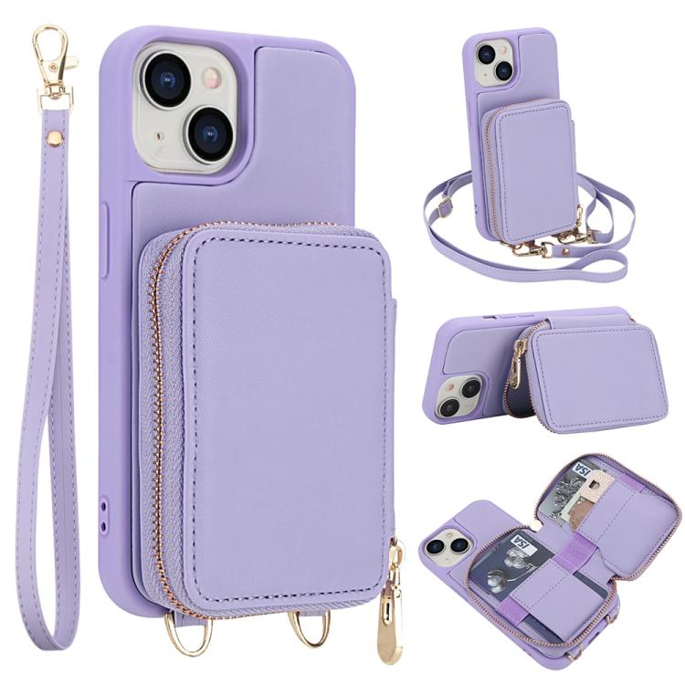 Capa para telemóvel com bolsa para cartões RFID com fecho de correr e tira transversal, Para iPhone 15, Para iPhone 14 / 13, Para iPhone 14 Pro, Para iPhone 14 Pro Max, Para iPhone 13 Pro Max, Para iPhone 13 Pro