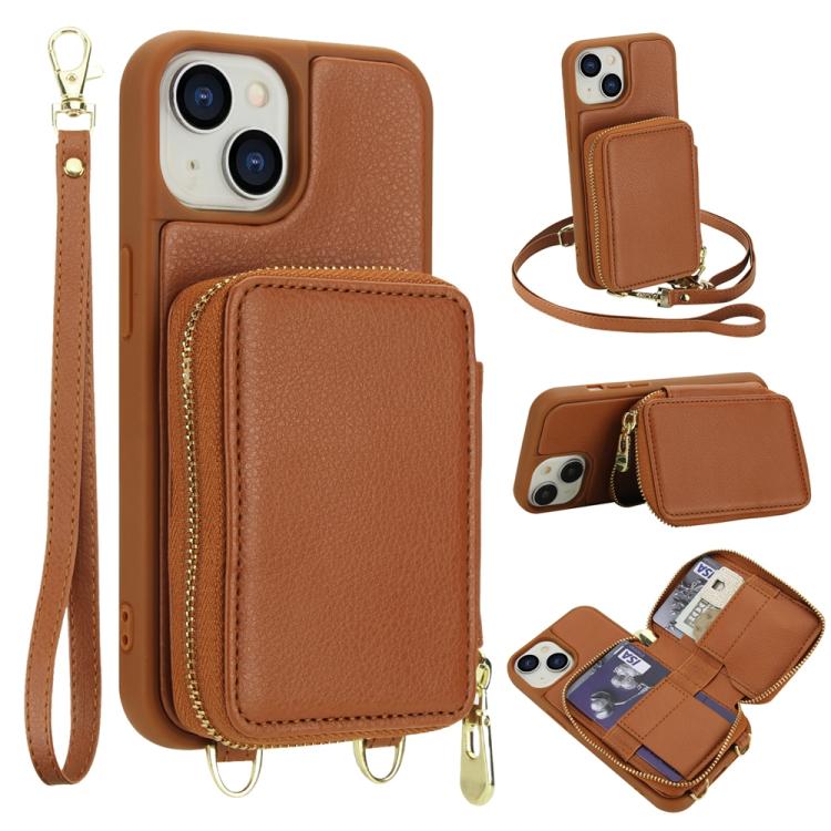 Capa para telemóvel com bolsa para cartões RFID com fecho de correr e tira transversal, Para iPhone 15, Para iPhone 14 / 13, Para iPhone 14 Pro, Para iPhone 14 Pro Max, Para iPhone 13 Pro Max, Para iPhone 13 Pro